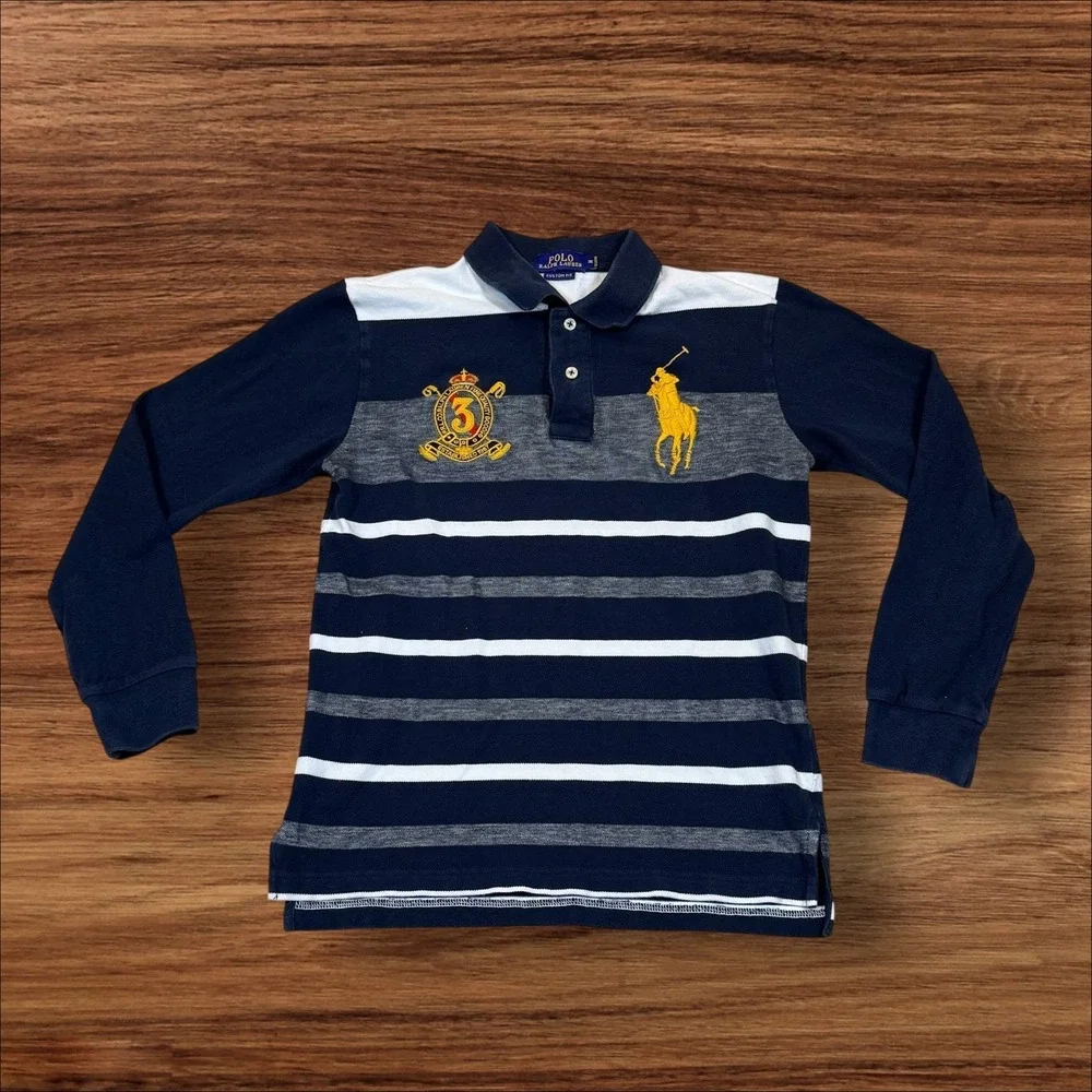 Ralph Lauren Custom Fit Long‎ Sleeve Polo Shirt Navy White Stripe Pony Crest M